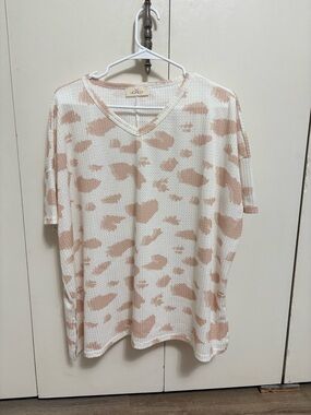 Hopely Waffle Knit Top Cream Blush Animal Print Woman Medium NWOT